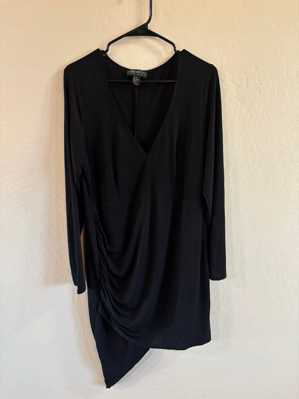 Forever 21 Black V-Neck Asymmetrical Ruched Long Sleeve Mini Dress
